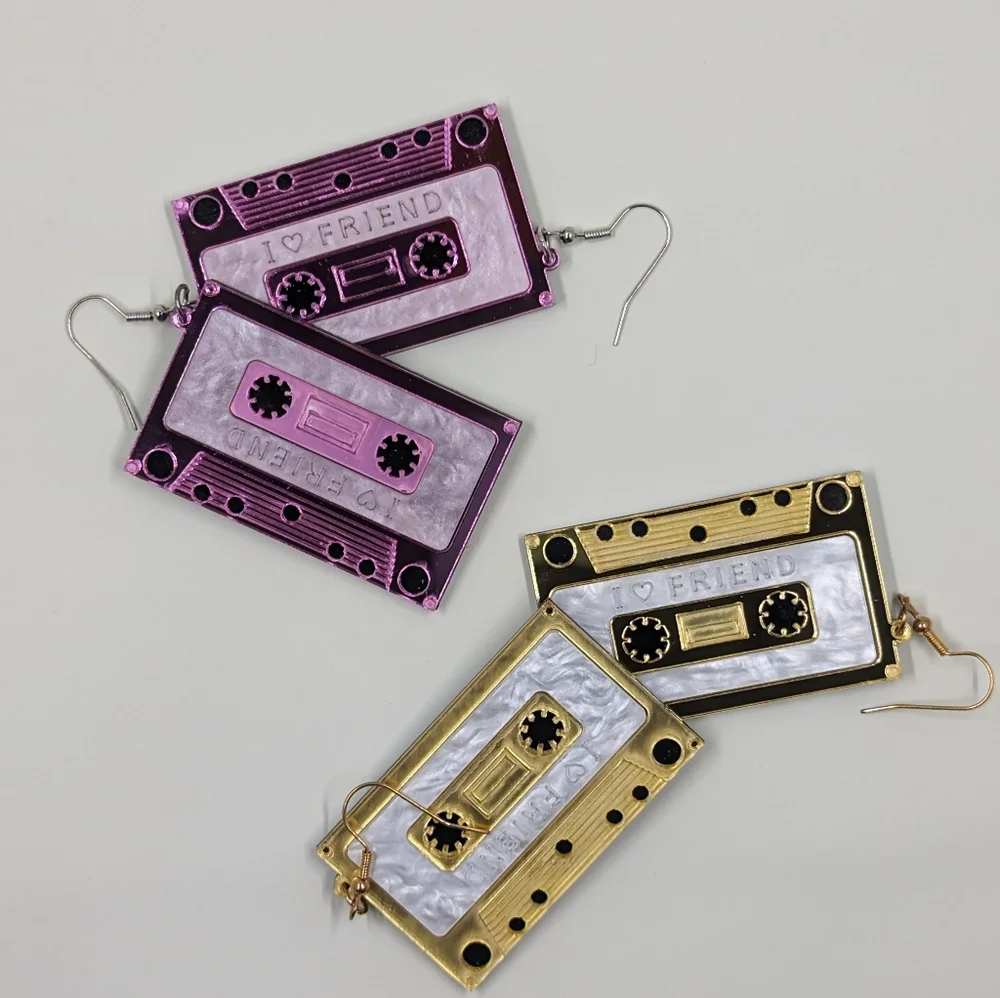 Hot Pink & Neon Acrylic "I ❤️ Friends" Cassette Tape Earrings (Set) - Picture 4 of 4